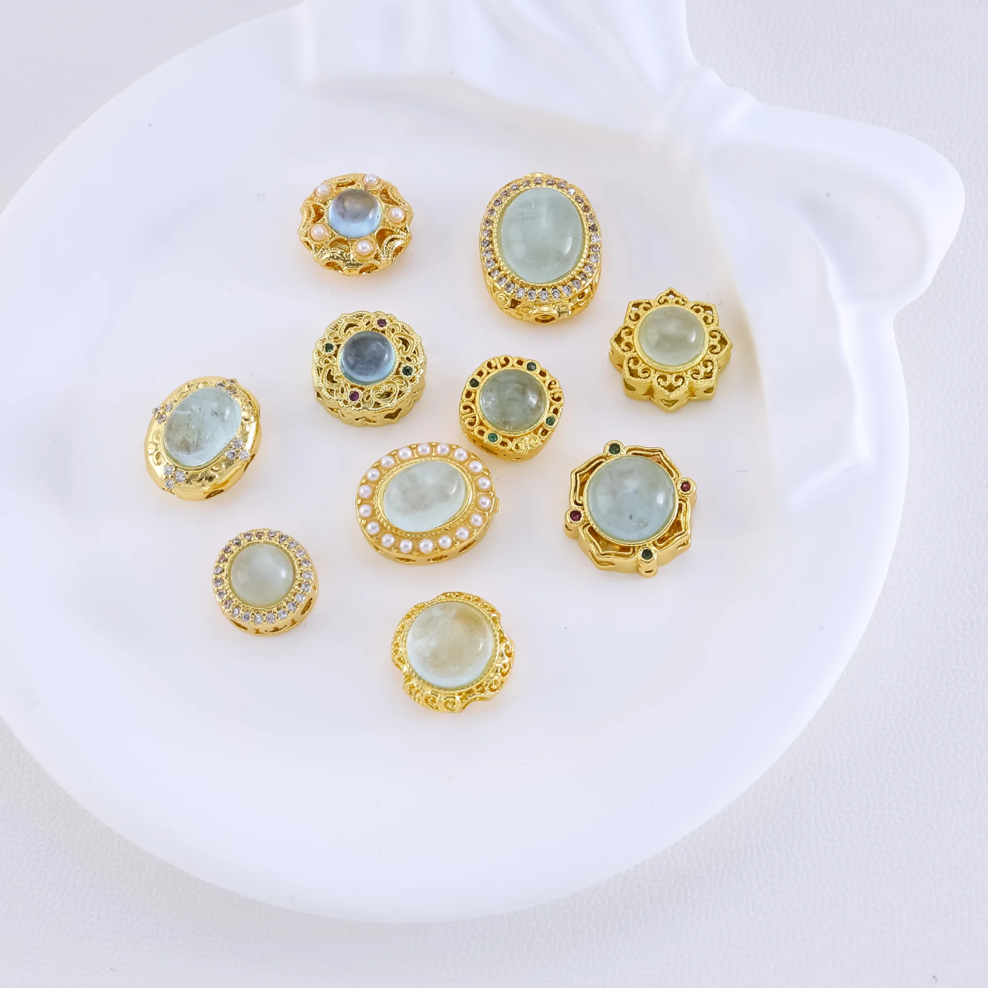 1pcs Copper Gold Inlaid Natural Aquamarine Jewelry Spacer Bead Accessories DIY Pearl Bracelet Necklace Materials Wholesales