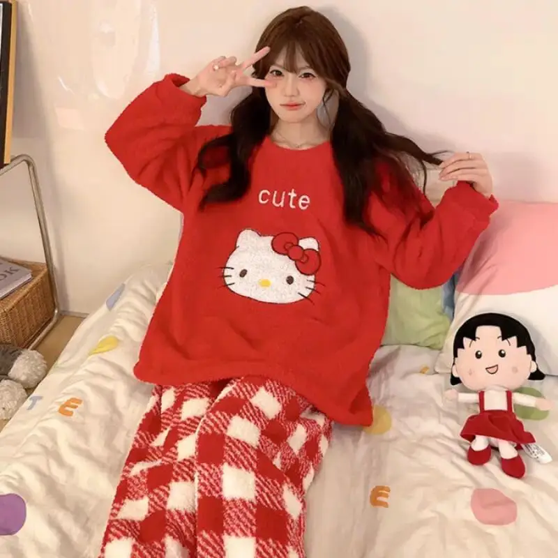 

Женские пижамы Kawaii Anime Hello Kitty Sanrios Cinnamoroll, милый стиль с круглым вырезом и длинными рукавами, комплекты домашней одежды для подростков