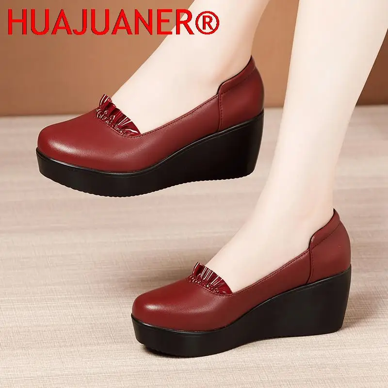 Wedges Shoes for Women 2025 Autumn Spring Platform Pumps Woman High Heels Leather Office Shoes Ladies Plus Size 34-43 image 3