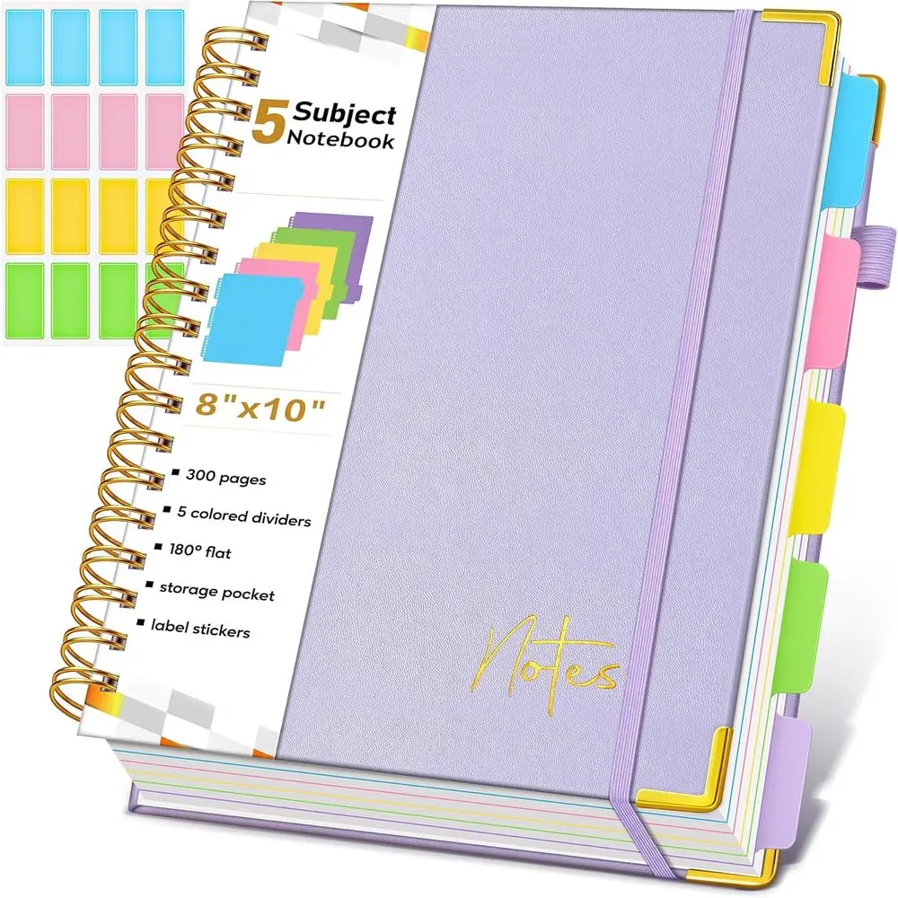 

300-Page Leather Hardcover Spiral Notebook with Removable Tabs, 8x10 B5 Ruled, Ideal for College and Work