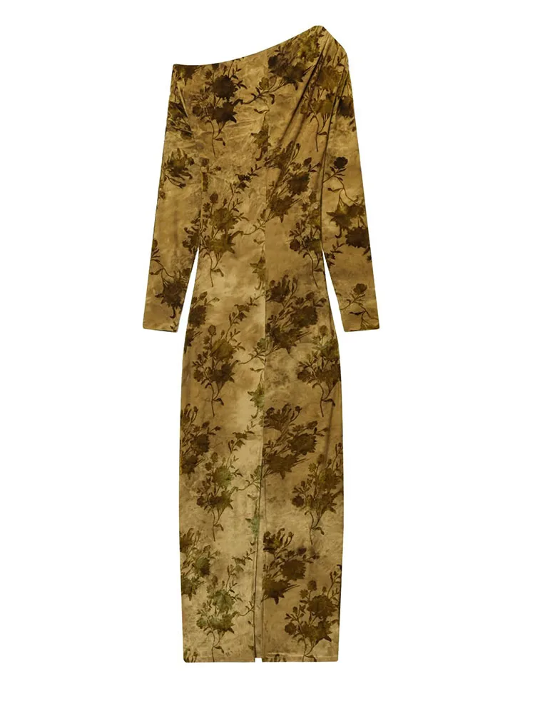 Mulheres gola diagonal vestido longo 2025 nova moda feminina mangas compridas fora do ombro vestidos elegantes feminino outono sexy vestido de festa