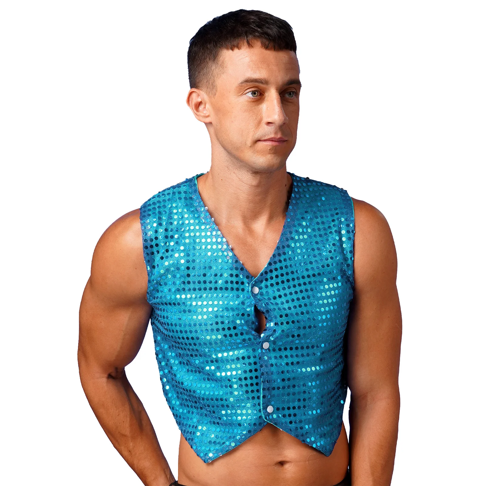 Mens Glittery Sequins Disco Rave Vest Tops Jazz Latin Modern Dance Stage Performance Costume Shiny Sequined Sleeveless Waistcoat