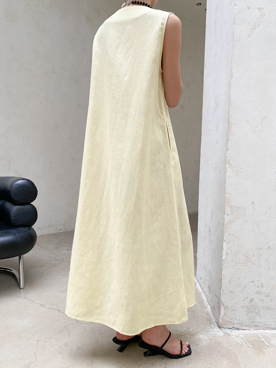 Sommerliches, lässiges, einfarbiges, ärmelloses Westenkleid für Damen mit V-Ausschnitt, Stickerei und Quasten – Detail 14