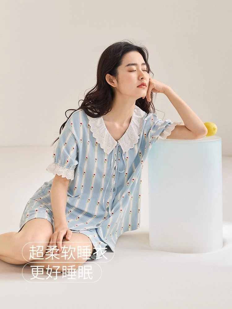 

Korean floral sweet lace pyjamas female 2024 new summer thin section of short-sleeved home wear leisure suit