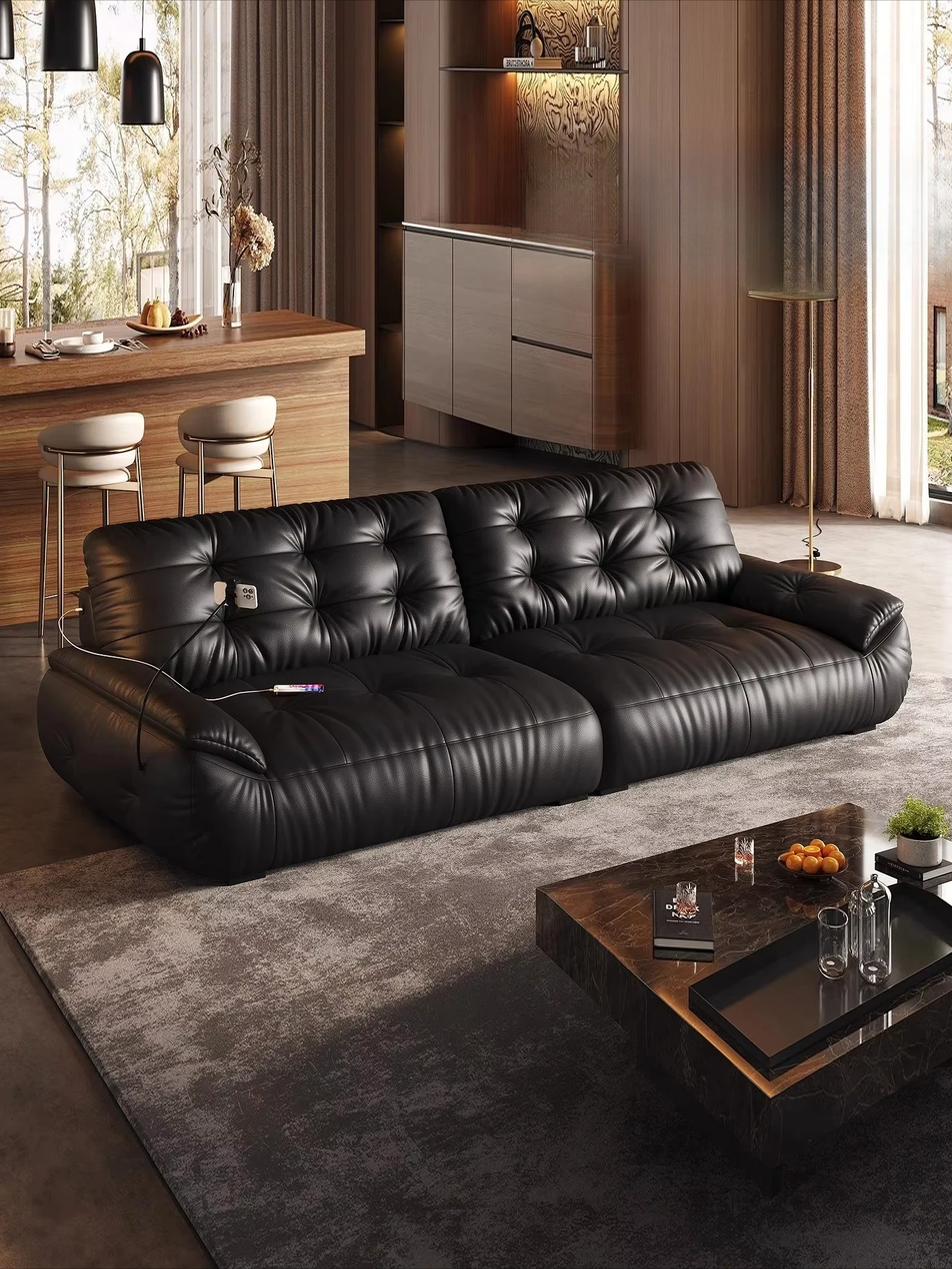 

ty-Cloud Sofa Italian Minimalist Modern One Seat Genuine Leather Square Wood Legs USB Charging Multifunctional Luxurious Living%