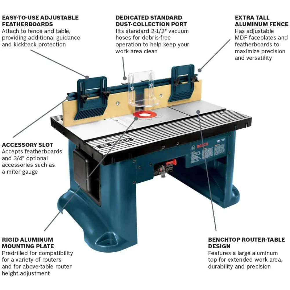 BOSCH RA1181 Benchtop Router Table 27 in. x 18 in. Aluminum Top with 2-1/2 in. Vacuum Hose Port