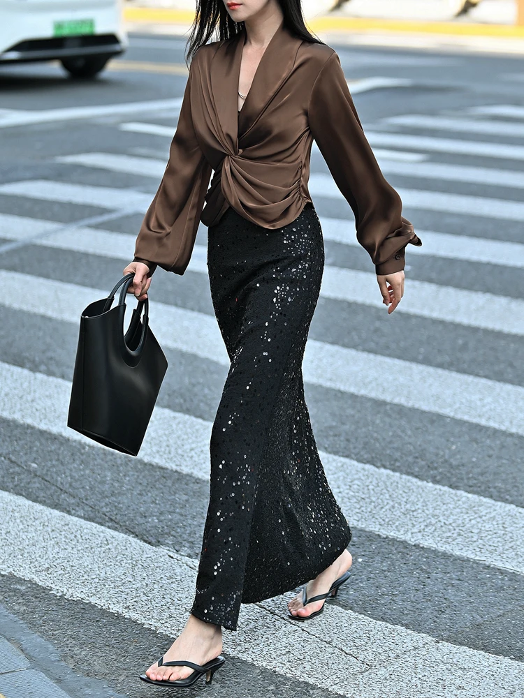 

Spring 2025 Textured Heavy Fi Tail Skirt Women's Long Skirt Handmade Beads A-Line Skirt Faionable Ele Sle