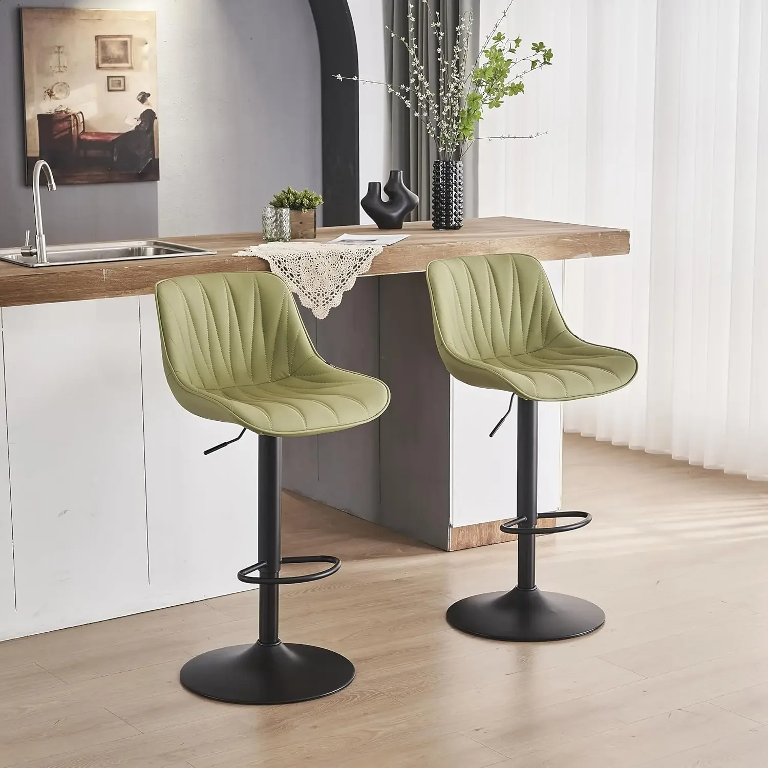 

Bar Stools Set of 2 for Kitchen Island, Grass Green Swivel Tall Bar Stools, Faux Leather Padded Barstools with Back,
