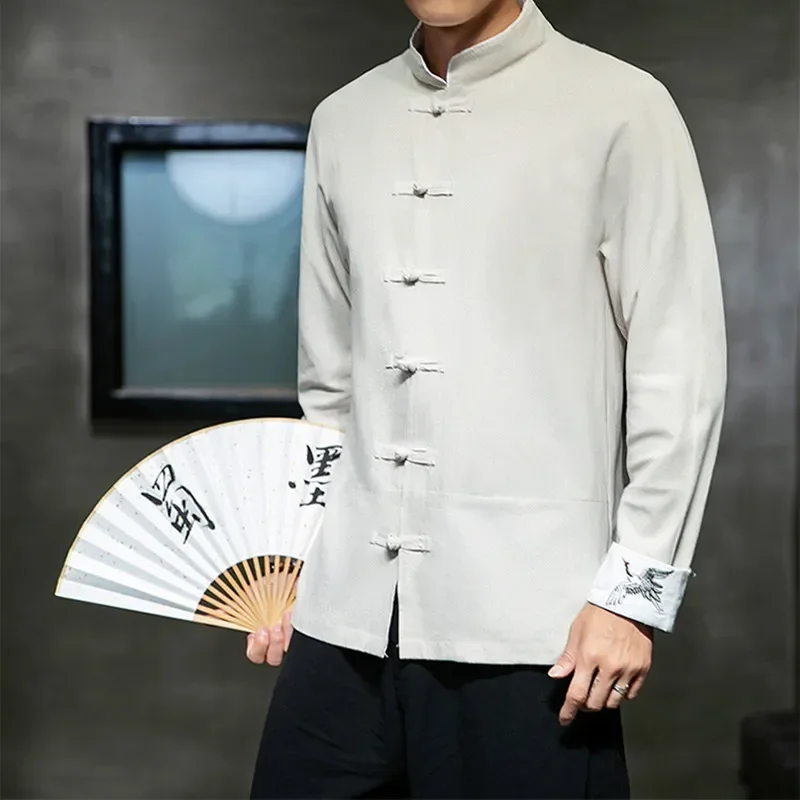 Men Long Sleeve Shirts News Mens Traditional Chinese Clothing Men Cotton Embroidery Crane Kung Fu Uniform Hanfu Blouse Shirts