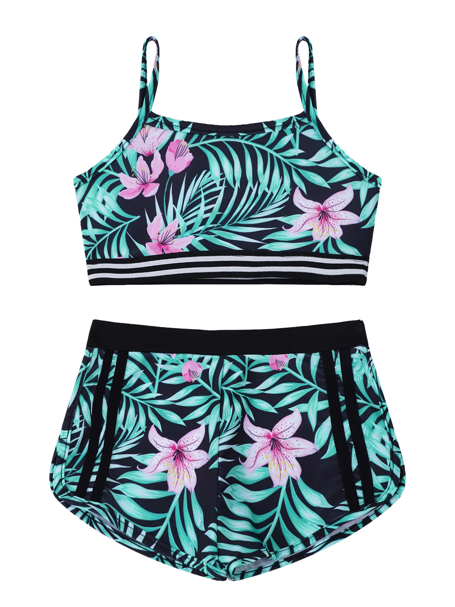 Children Girls Tankini Swimwear Spaghetti Straps Print Crop Top with Shorts Briefs Swimsuit Beach Pool Water Park Bathing Suit