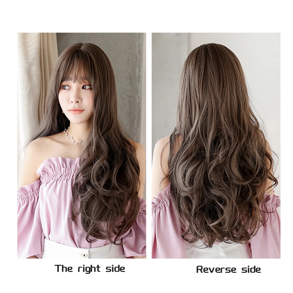 AT53 Wig Wig with Bangs for Women, Natural Looking Long Wig, Long Curly Wig for Daily Korea Versions Pudding