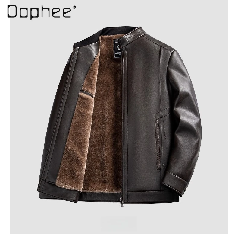 

2025 Winter New Hot Sale Black Thickened Velvet Stand Collar Pu Leather Jacket Loose Casual Brown Coffee Color Fur Collar Jacket