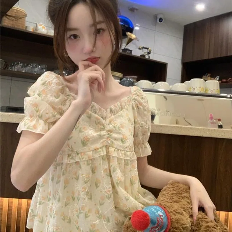 Blouses Women Sweet Floral Puff Sleeve Ruffles Loose Summer Korean Fashion Girlish Age-reducing Students Attractive Trendy BF