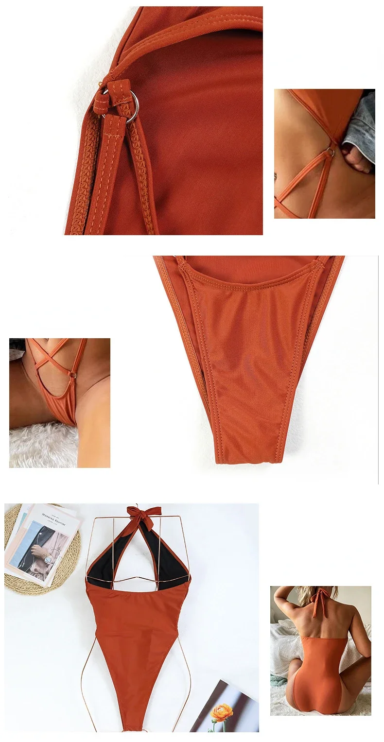 2024 New Sexy One Piece Swimsuit Swimwear Women Cross Halter Hollow Solid One-piece Bathing Suit Beachwear Maillot De Bain Femme