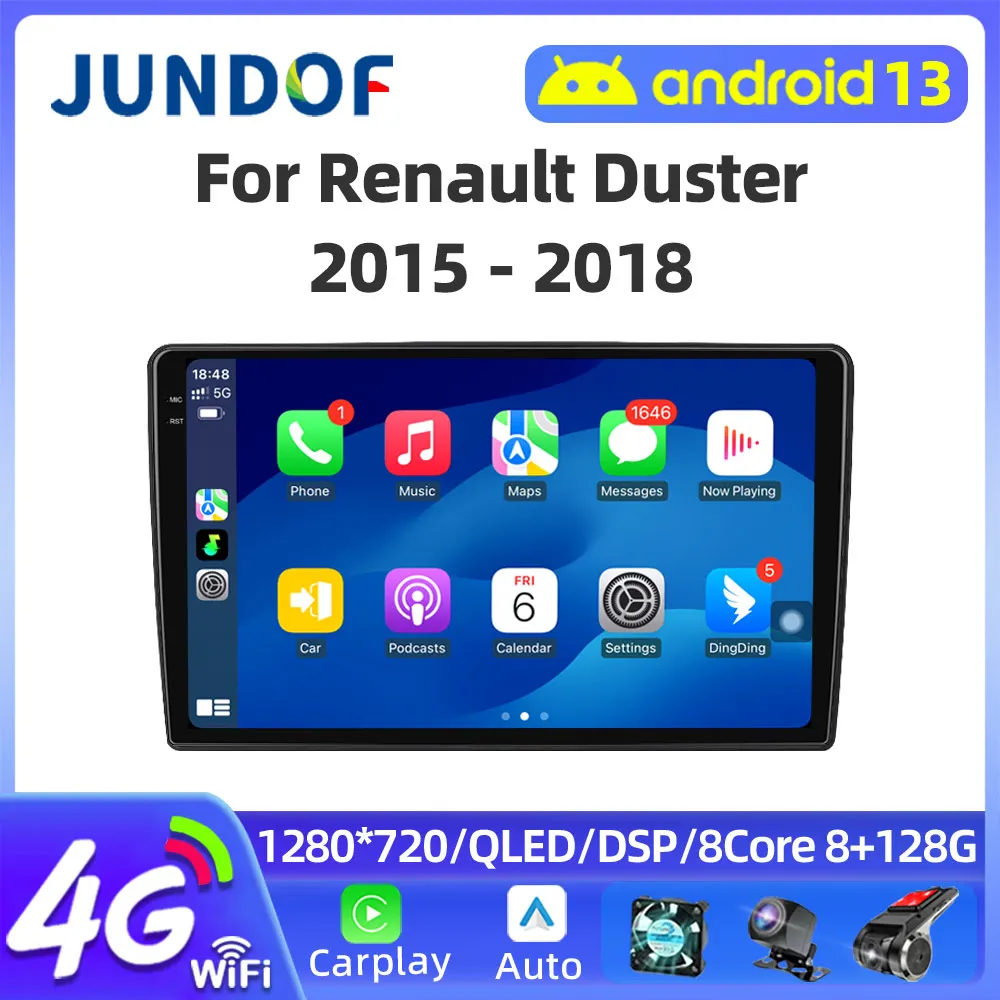 JUNDOF For Renault Duster 2015-2018 2 Din Android 13 Car Radio Multimedia Video Player GPS Carplay Auto DVD Stereo Headunit RDS