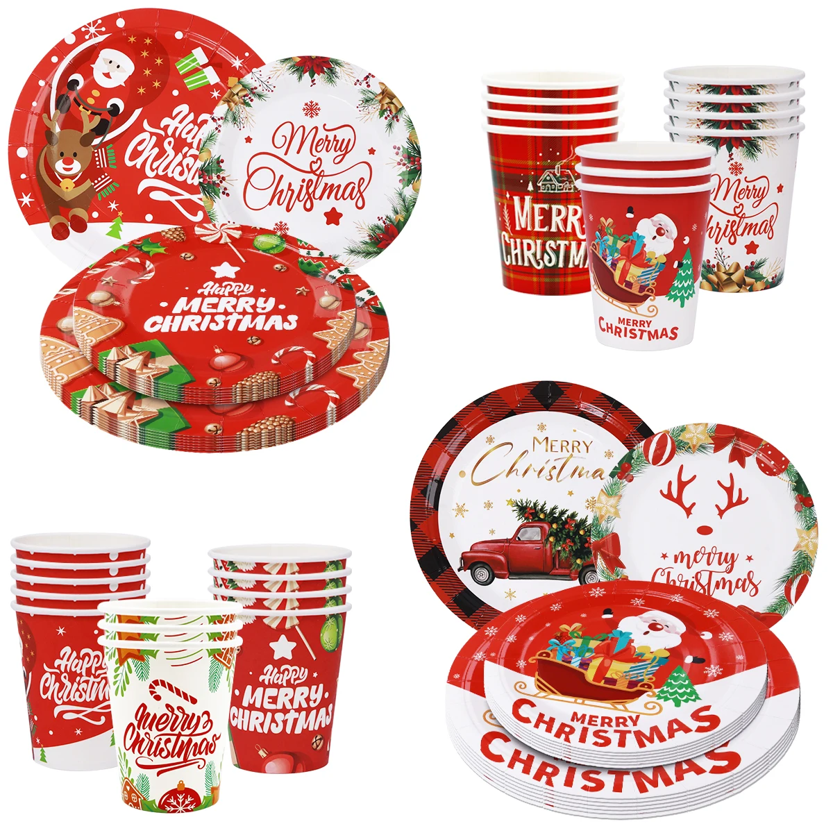 

Ready-to-Ship Christmas party decorations Disposable Paper Tableware Christmas-Themed Paper Cups and Plates