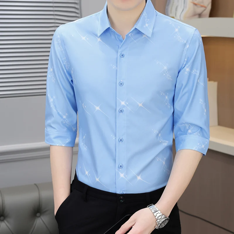 

2026 Summer New Style Men's Bamboo Fiber Stretch Digital Printing Business Casual Long-Sleeved Shirt