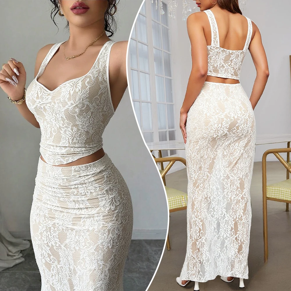 2025 Date Sets Women's Autumn Spring Elegant Floral Lace Sleeveless Sweetheart Neck Midi Skirt Two-Piece