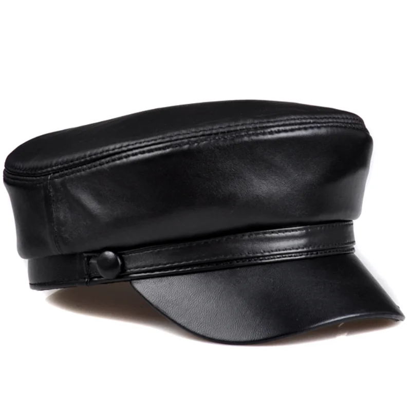 Leather Military Caps For Men Black Casual Flat Caps Army Women Genuine Leather Vintage Autumn Winter Military Hats