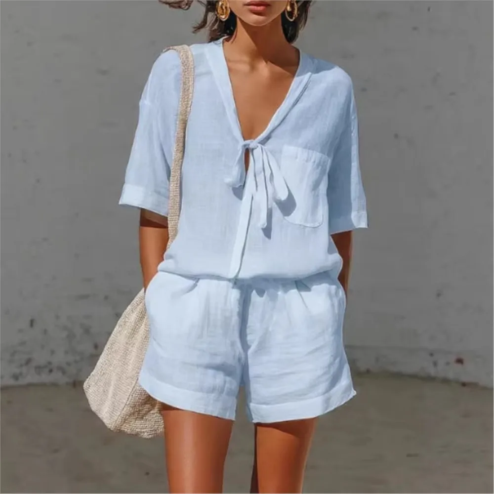 

Summer Solid Color Casual Cardigan Lace-up Short-sleeved Shirt Set Women Fashion Loose Beach Vacation Shorts 2-piece Set Female