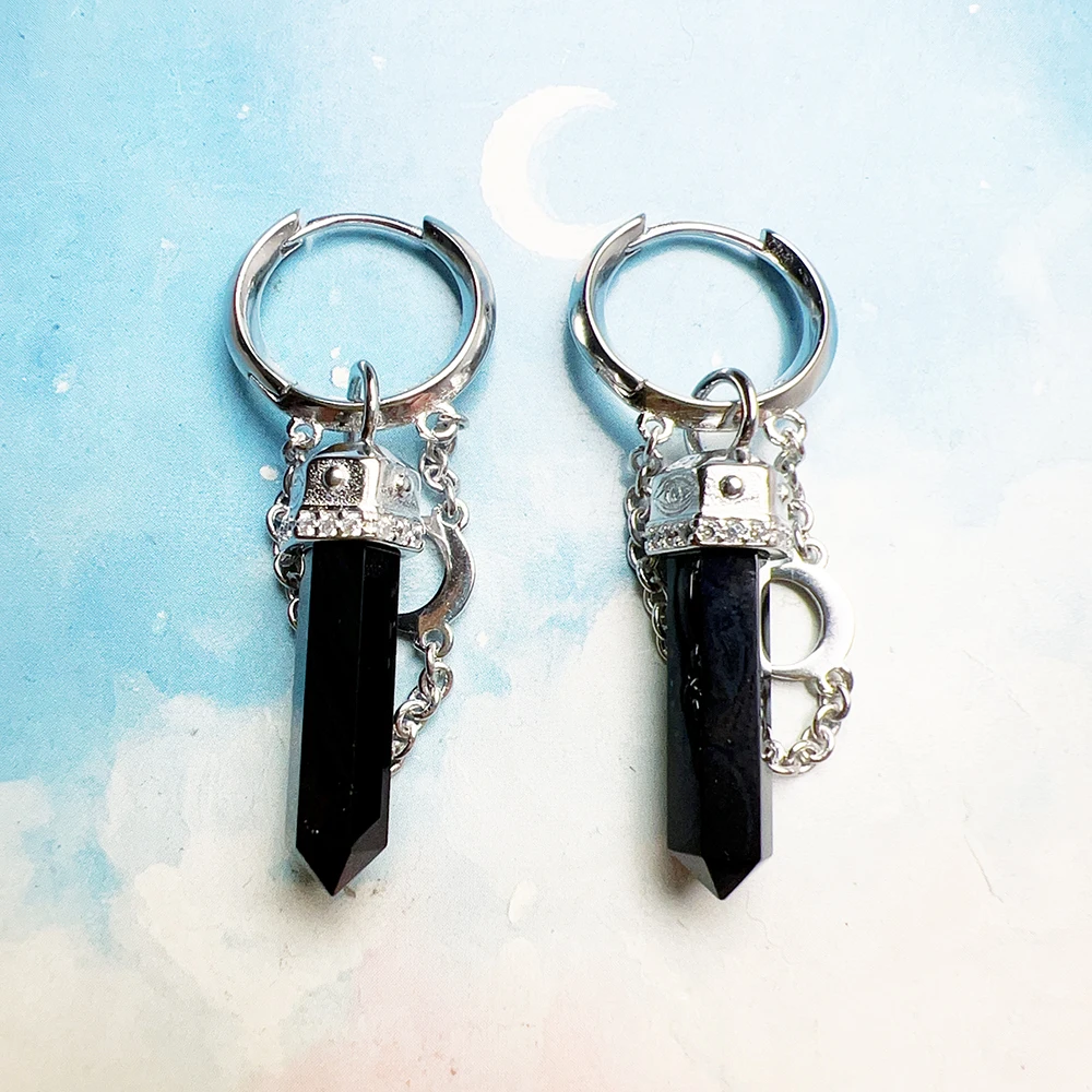 Hoop Earring Moon Onyx Hexagon Brand New Europe Fine Jewerly For Women Vintage Gift In Real 925 Sterling Silver