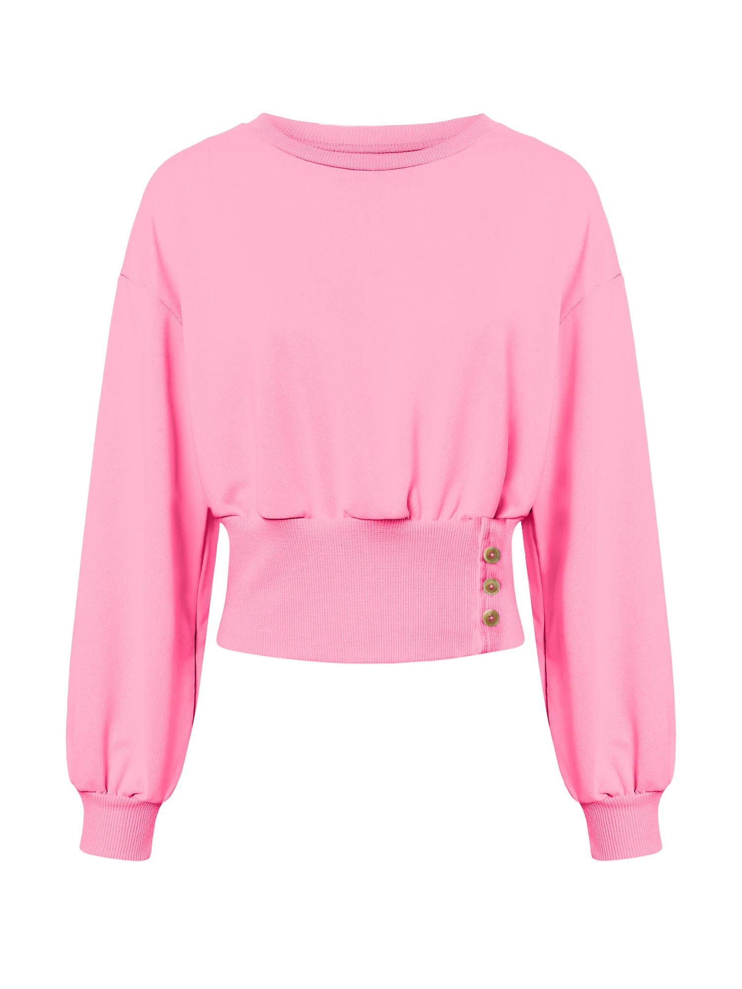 Lässiges Damen-Sweatshirt mit Rundhalsausschnitt, langärmliges Pullover-Oberteil mit geraffter Taille und seitlichen Knöpfen, einfarbig, schmale Passform, Streetwear – Detail 2