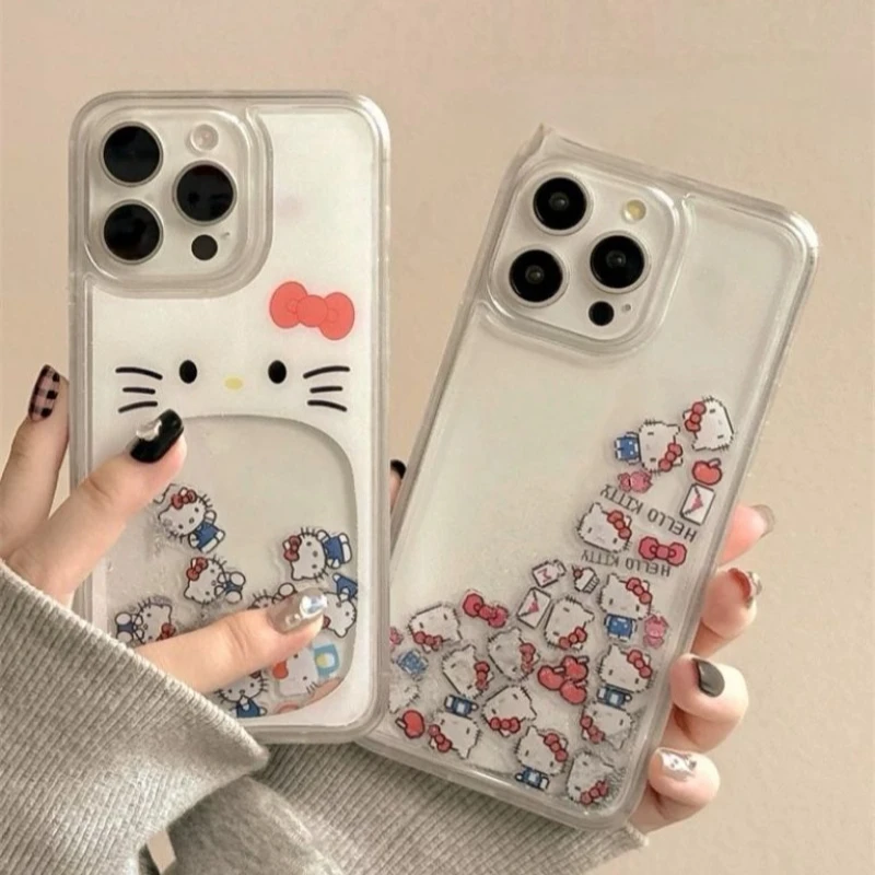

Anime Cute Hello Kitty Quicksand Transparent Phone Case Suitable for IPhone 12 Pro 15 16 13 14 ProMax Protective Case Girls Gift