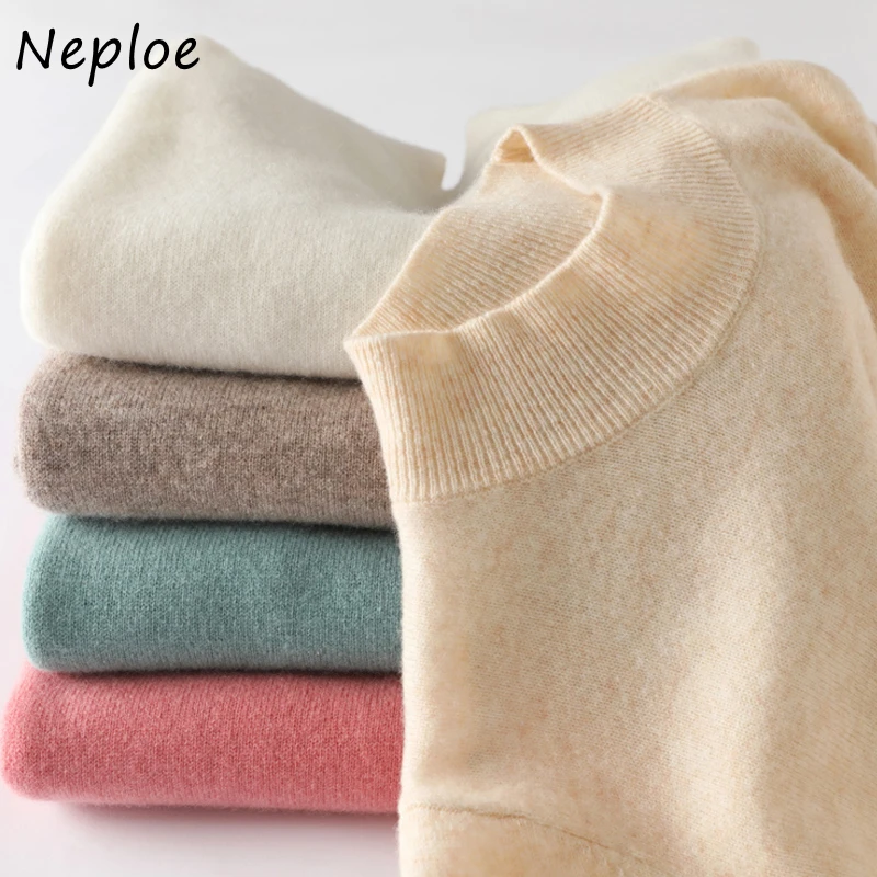 Neploe Sweet Slim Pullover Harajuku Half-high Collar Pull Femme All-match Velvet Woolen Fresh Undershirts Loose Knit Simple Tops