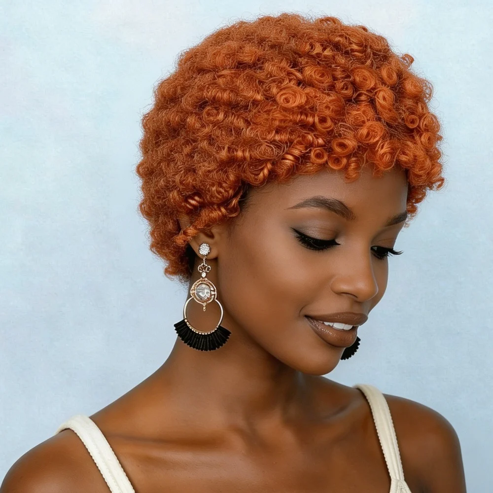 6 Inch Ginger Orange Afro Kinky Curly Human Hair Wig 180% Density Short Curly Human Hair Wig for Women Full Machine Made Wig