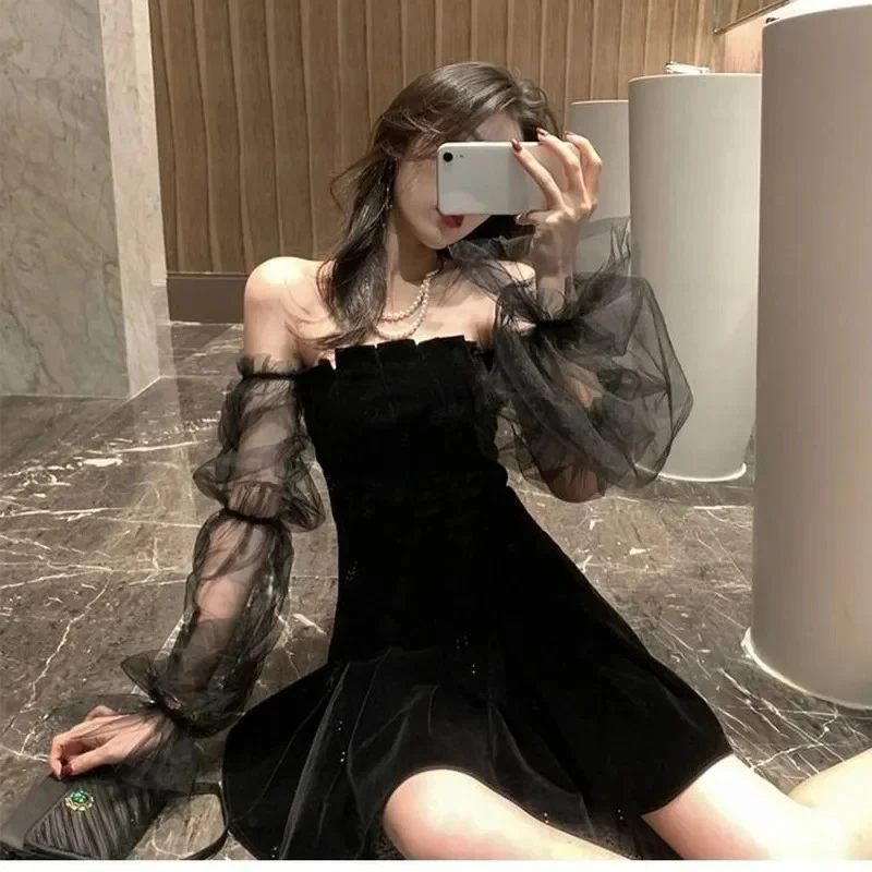 

New 2025 Black Retro Dress Women Lace Chiffon Mini Dress Female High Street Sexy Korean Fashion Women Club Dress
