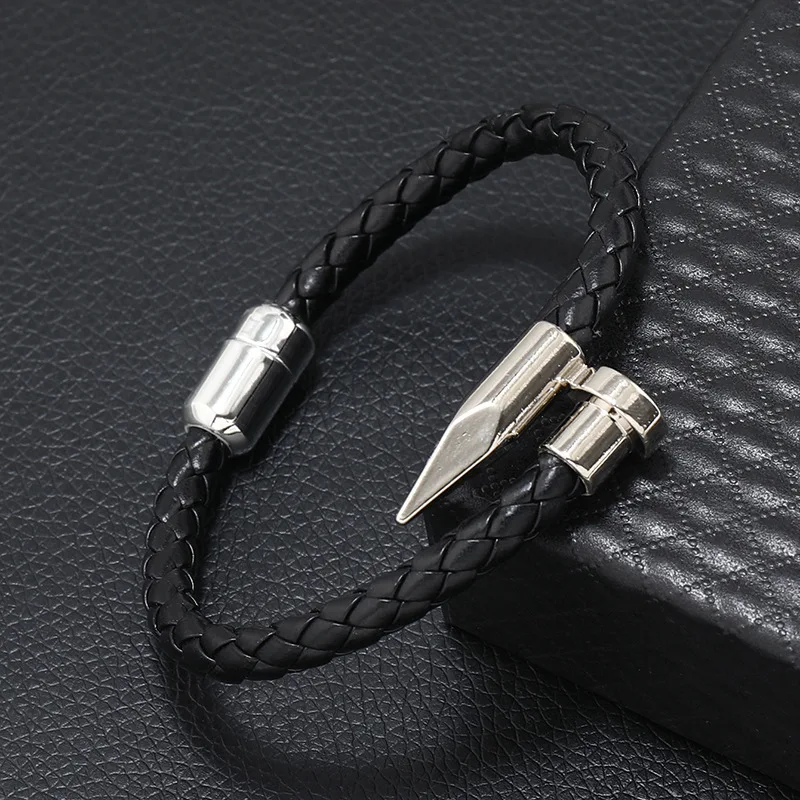 Nail Bullet Bracelet Titanium Steel Leather Leather Rope Bracelet Alloy Magnet Buckle Men\'s Braided Bracelet Handmade Bracelet