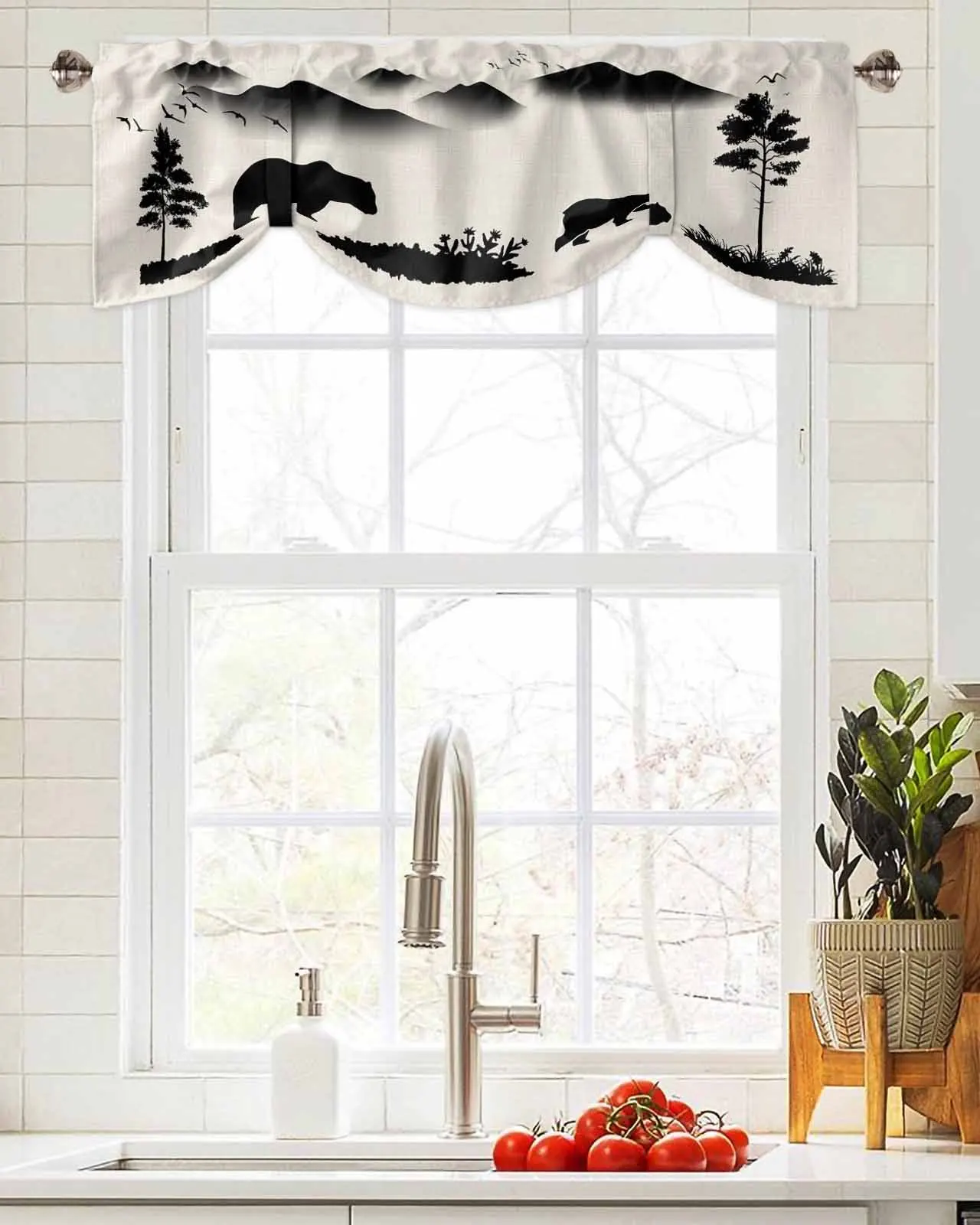 Bear Forest Silhouette Window Curtain Living Room Kitchen Cabinet Tie-up Valance Curtain Rod Pocket Valance