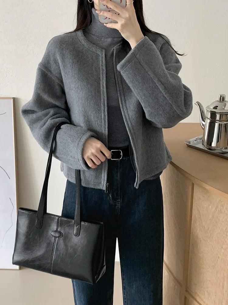 

Шикарное зимнее шерстяное пальто на молнии, женское пальто, новинка 2025 года, круглое твидовое твидовое пальто для поездок на работу, стандартная длина, весна-осень...