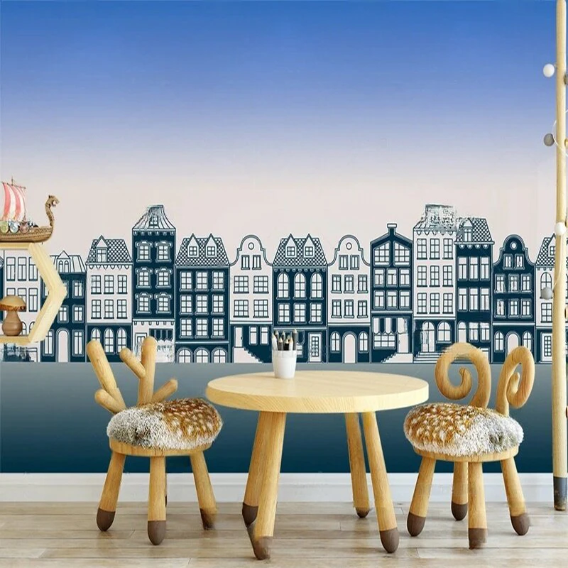 Papel Adhesivo Pared Fashion Wallpaper Cartoon Architectural Geometric Lines Pattern for Kids Room Background Wall Art Decor 3D