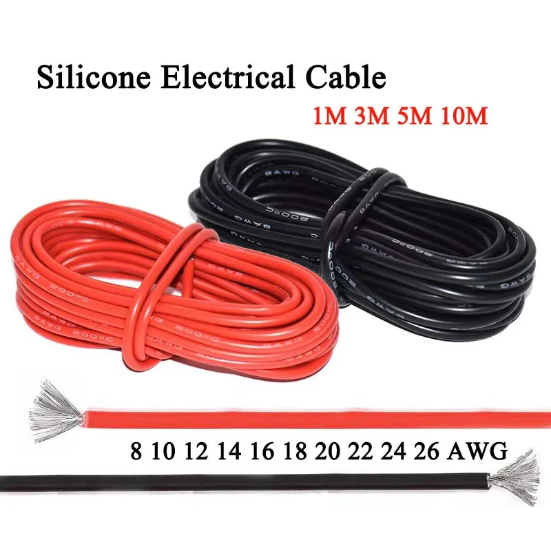 1m 3m 5m 10m Super Soft Silicone Cable 8 10 12 14 16 18 20 22 24 26 AWG Electrical Wire Red Black Heat-Resistant For Battery Car