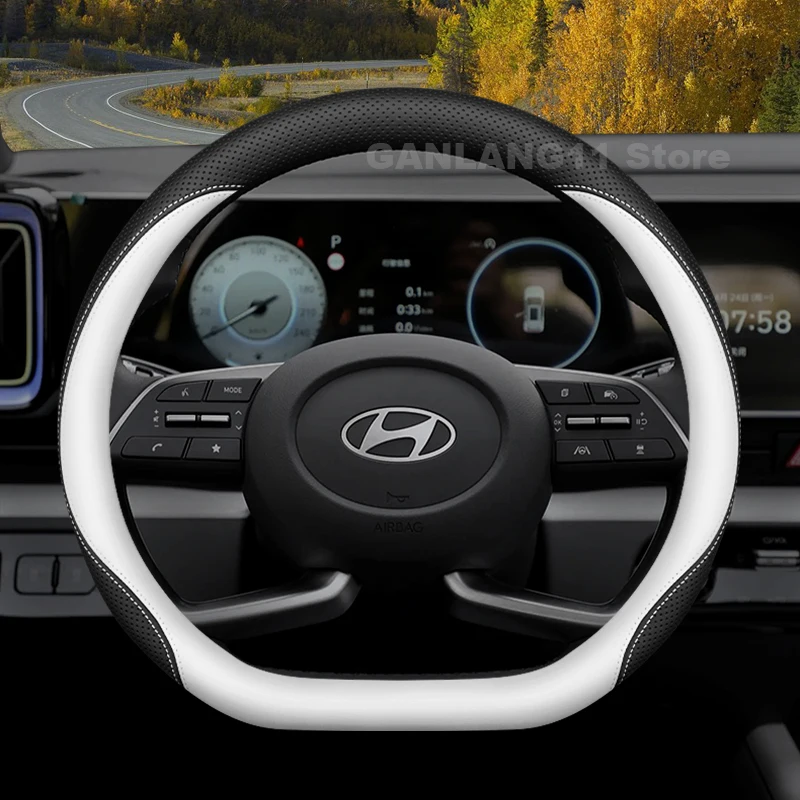

Leather Car Steering Wheel Cover For Hyundai Custo Grandeur Inster IONIQ5 6 Alcazar 2021-2025 Non-slip Auto interior Accessories
