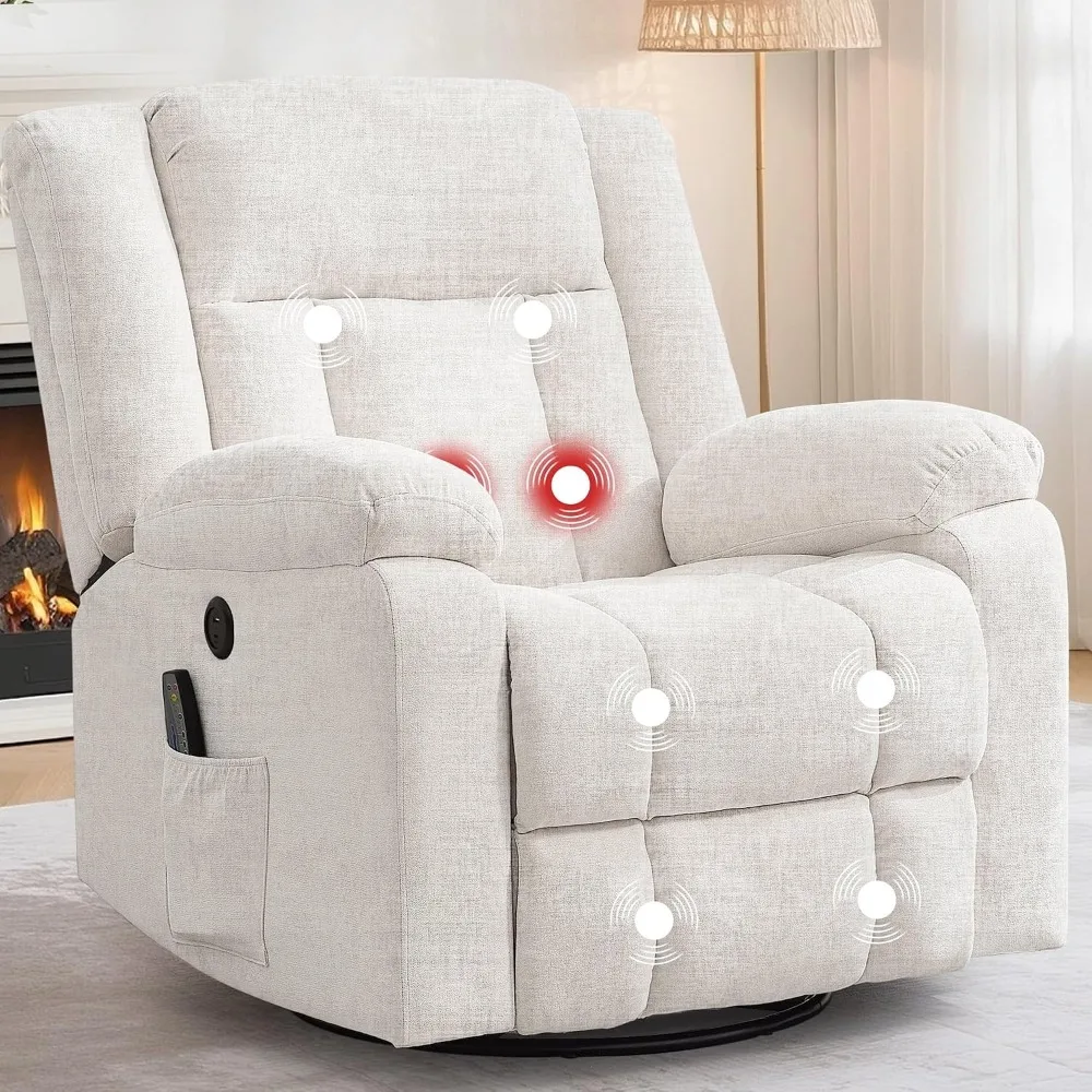 Rocker Recliner Chairs for Adults - 360° Swivel, Massage, Heating, Storage and USB Charging, Ivory White
