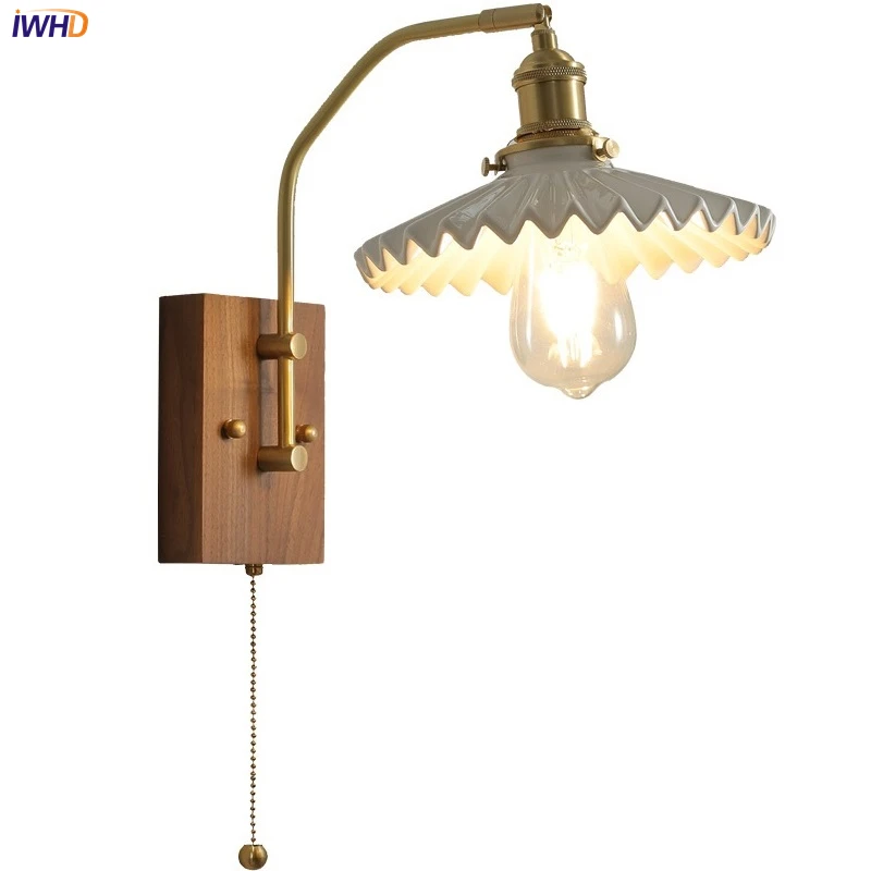 IWHD Ceramic Pleat Walnut Wall Lights Nordic Copper Wall Lamp Chain Switch Home Decorations LED Wall Sconces Lamparas