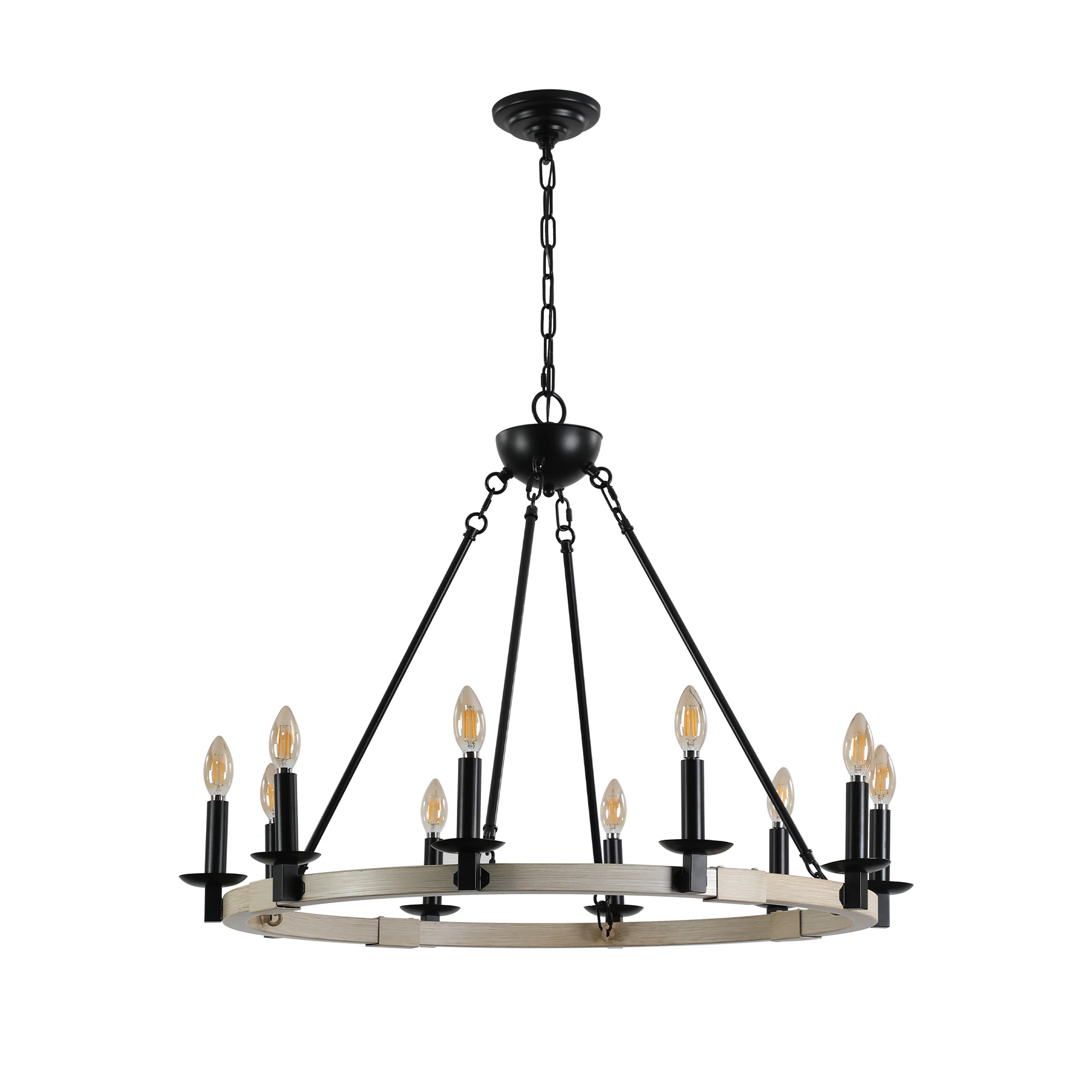 31.5-inch Countryside Farmhouse 10-Light Candle Chandelier, Black Metal and Wood Round Suspension Light for Dining Room, Kitchen, Living Room, Adjustable Height, E12 Bulb Base (Bulb Not Included)