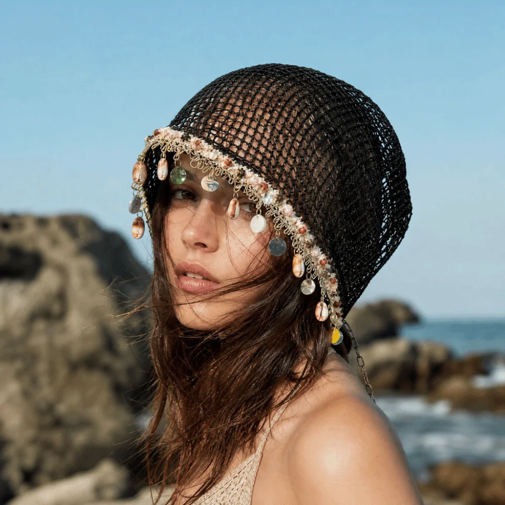 Lightweight Shell Charm Wrap Beanie Large Head Size Breathable Hollow Out Slouchy Hat Pullover Design Thin Fringe Skullcap