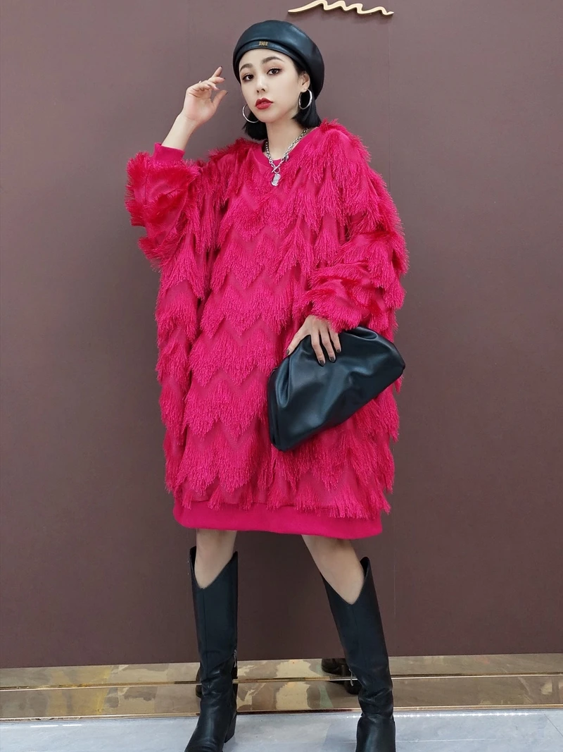 Ms spring 2023 new fashion imitation fur coat turtleneck sweater with velvet loose big yards long sweater fashion fluffy coat