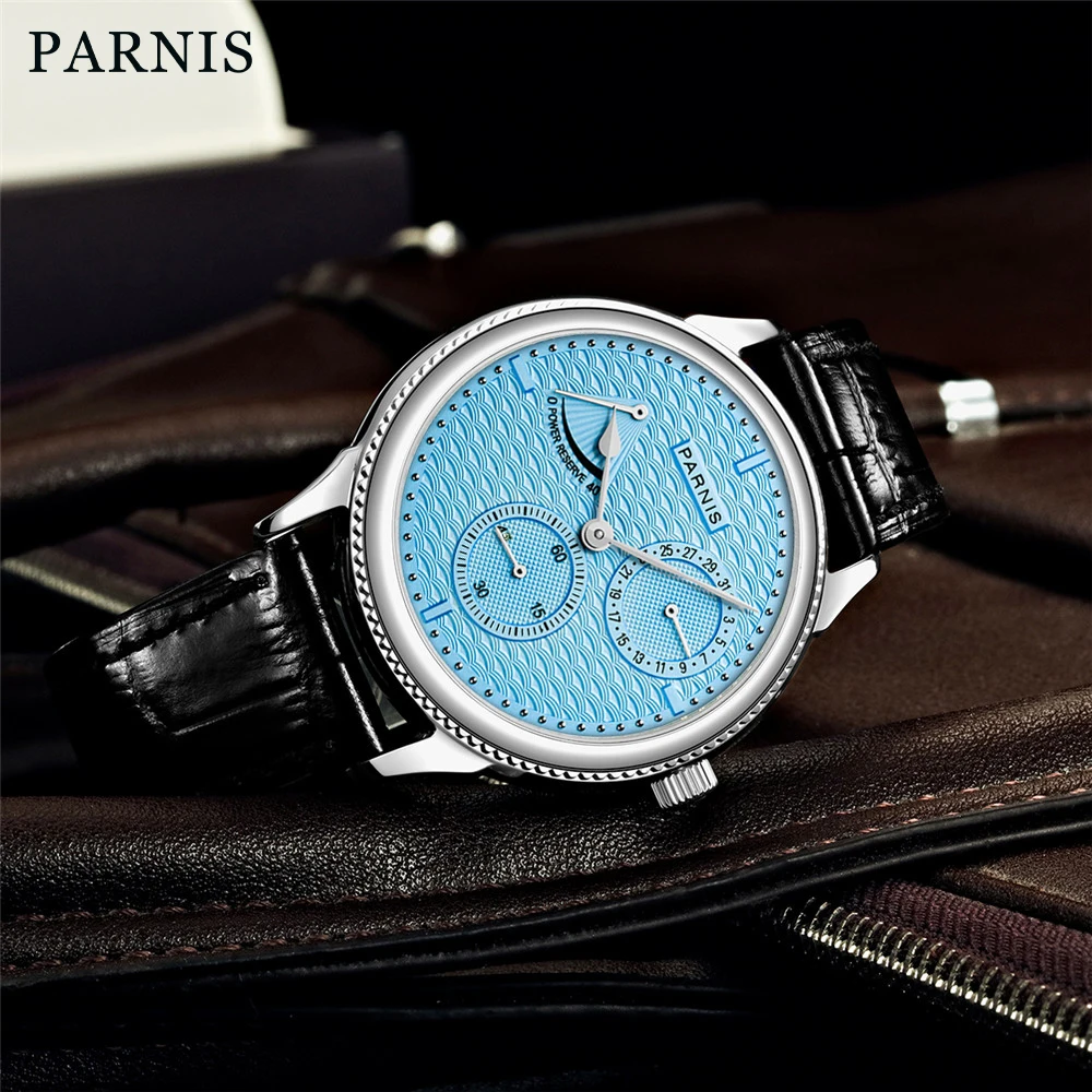 Parnis 42mm Silver Case Automatic Mechanical Men\'s Watch Power Reserve Calendar Leather Strap Sports Men Watches