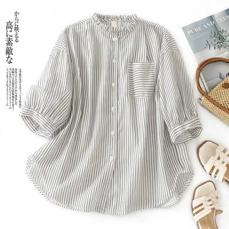 بلوزة نسائية جديدة من القطن والكتان قمصان 2025 قميص فضفاض مخطط صيفي للسيدات بلوزات نسائية قميص Y Blusas