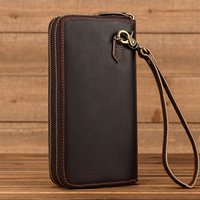 Brand Designer Retro Real Leather Wallet Male Business Casual With Double Zipper Cow Skin Crazy Horse Wallet With Wristlet