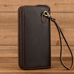 Brand Designer Retro Real Leather Wallet Male Business Casual With Double Zipper Cow Skin Crazy Horse Wallet With Wristlet