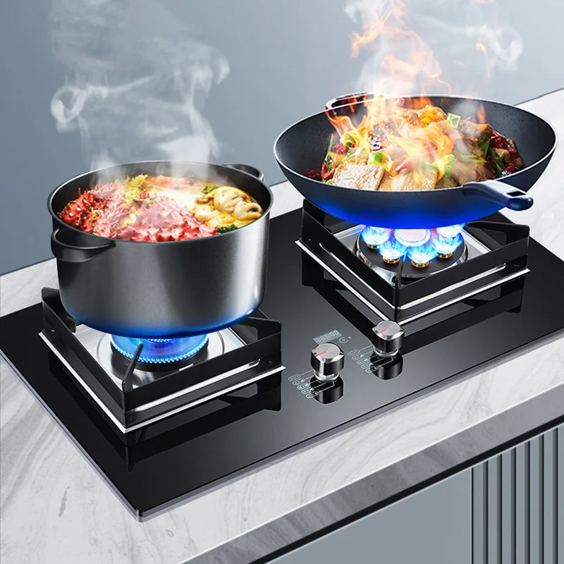 موقد غاز زجاجي عالي الطاقة بقدرة 5.2 كيلو وات للاستخدام المنزلي المدمج مع مؤقت إيقاف تلقائي قفل أمان للأطفال شعلات مزدوجة المنطقة