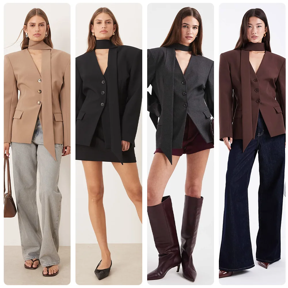 

2026 New Women Design Sense Scarf Sleeve Blazer Loose Shoulder Pad Single Breasted High End Commute Suit