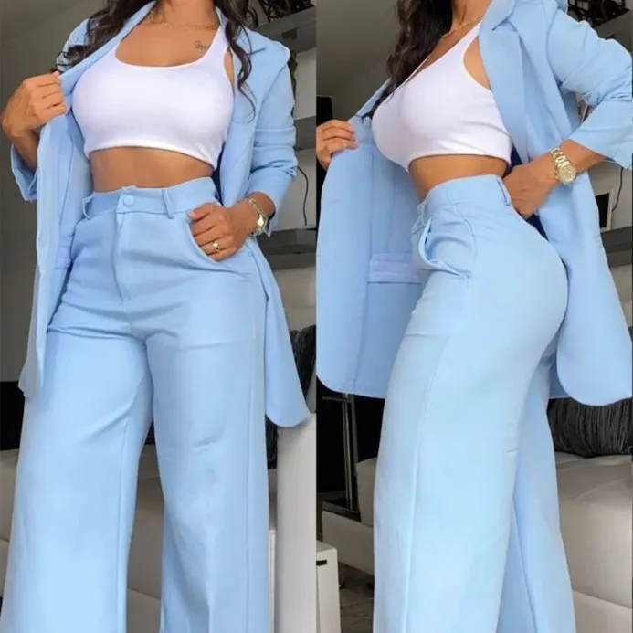 

Women's Casual Pure Color Commute Suit Set 2023 Notch Collar Blouse And Pants Workwear Profional Fem Outfit