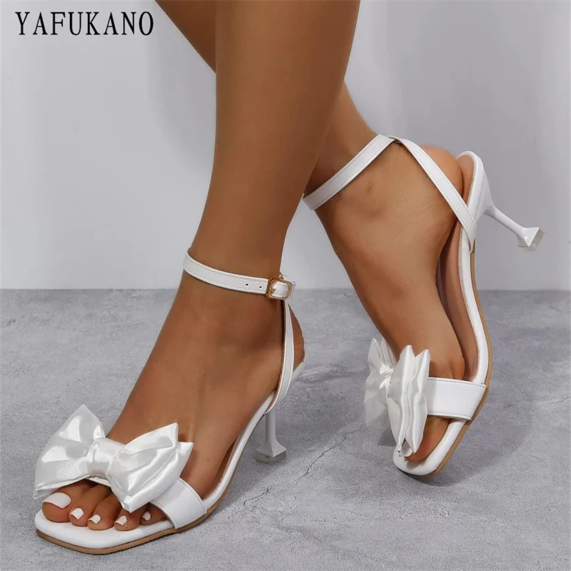 Bow Decor Pyramid Heeled Ankle Strap Sandals White Square Toe Party Wedding Shoes Open Toe High Heels Plus Size 44 45