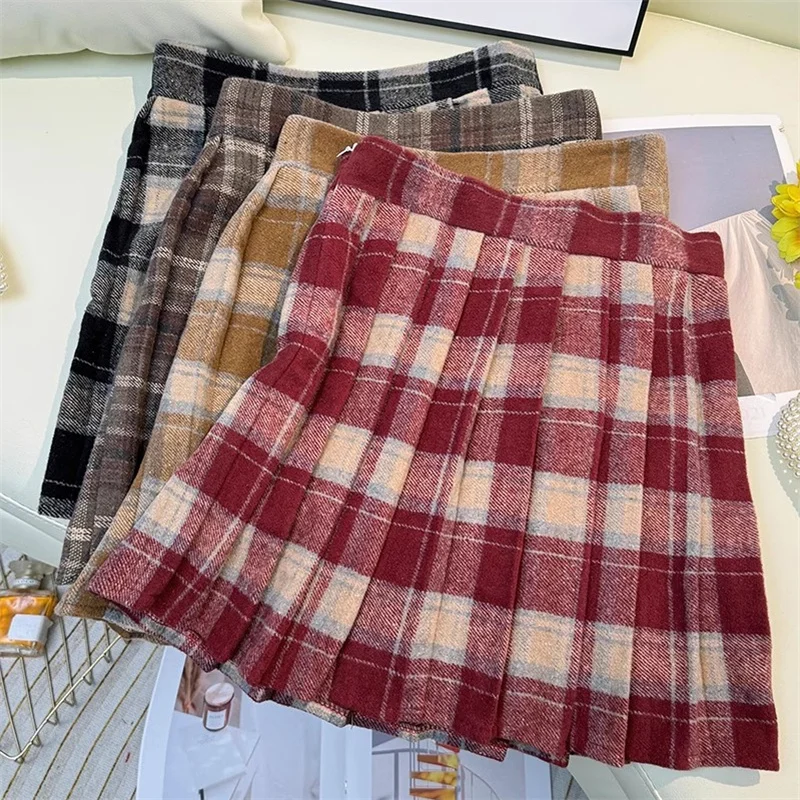 

New Autumn Winter Women JK Woolen Skirt High Waist Plaid Pleated Skirts Ladies Short Mini Skirt Students All Match A Line Skirts